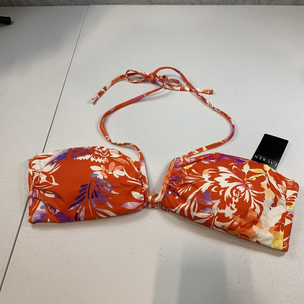 Lauren Ralph Lauren Women's Swim Bikini Top Shirred V Wire Bandeau Orange Floral